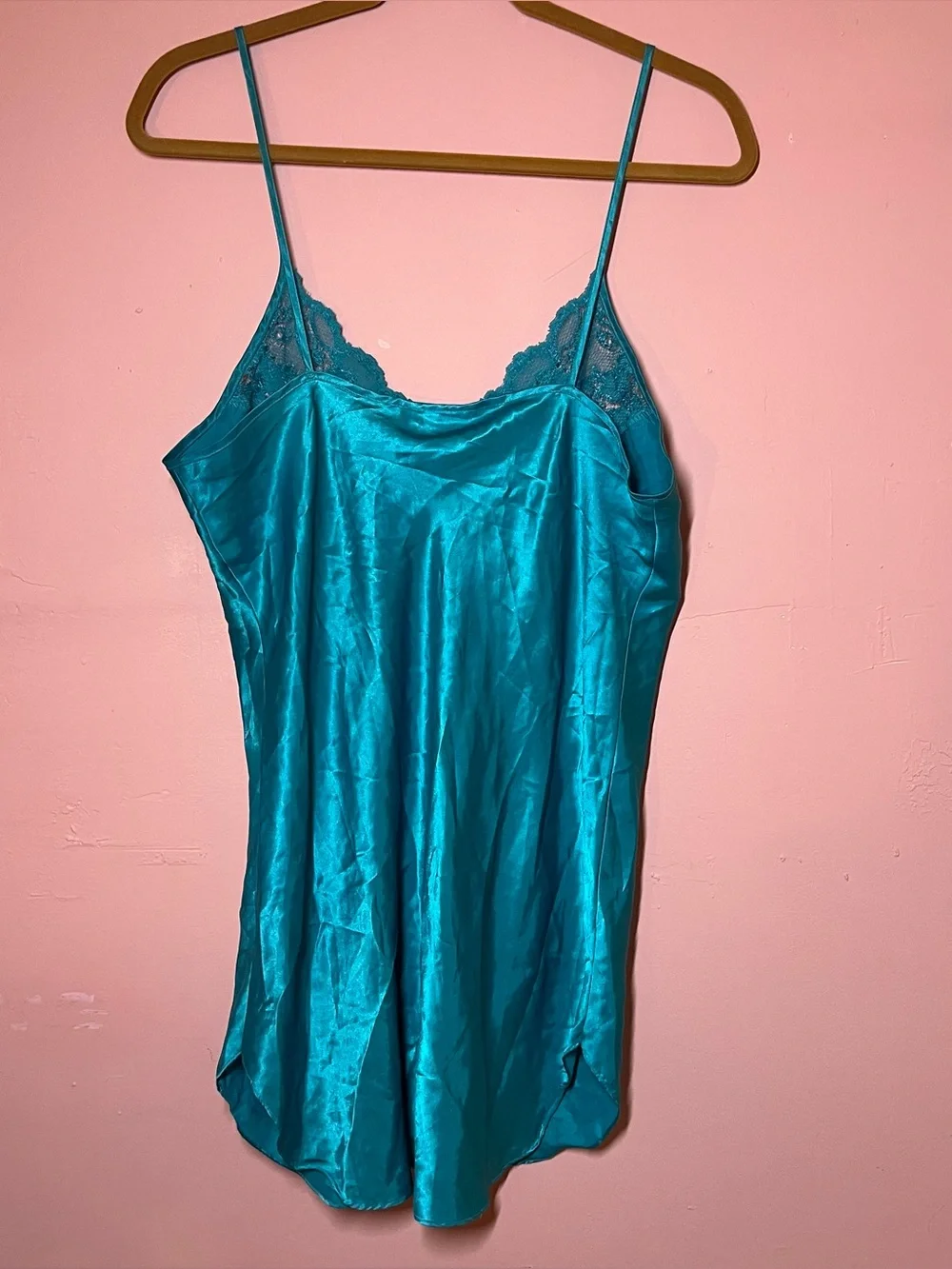 Vintage Dentelle Nightgown Emerald Green Satin Lace Chemise Slip Dress Large